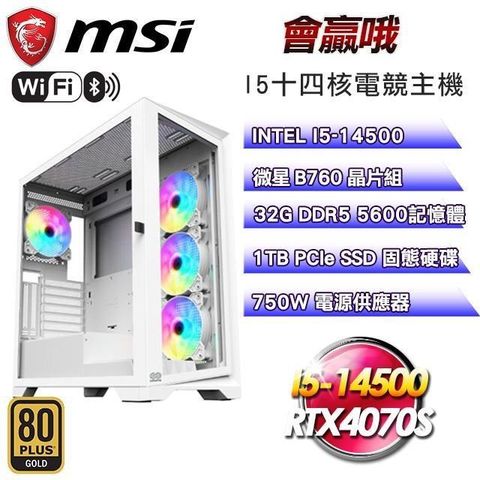 【南紡購物中心】 微星平台【會贏哦】I5十四核RTX4070S電競WIFI效能主機(32G/1TB)