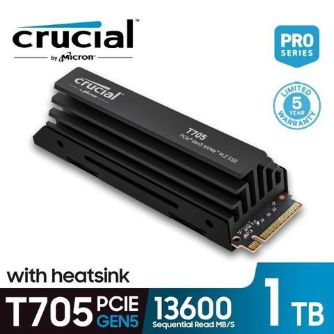 【南紡購物中心】 【Micron 美光】Crucial T705 1TB PCIe Gen5 NVMe M.2 SSD 固態硬碟(含散熱器) (CT1000T705SSD5)
