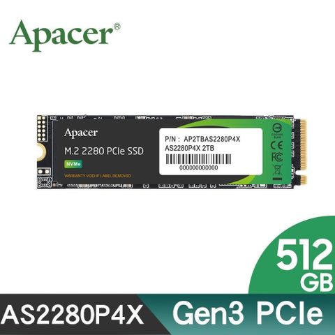 Apacer 宇瞻 AS2280P4X 512GB M.2 PCIe Gen3x4 SSD 固態硬碟