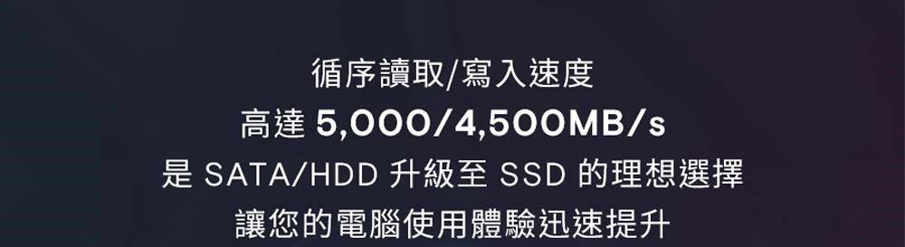 循序讀取/寫入速度高達5,000/4,500MB/s是 SATA/HDD 升級至 SSD 的理想選擇讓您的電腦使用體驗迅速提升