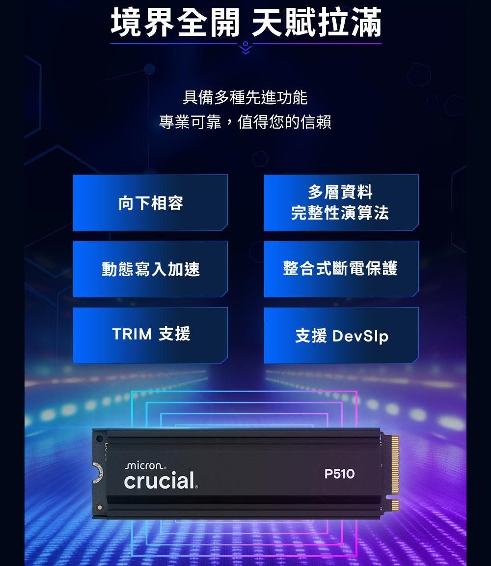境界全開 天賦拉滿具備多種先進功能專業可靠,值得您的信賴多層資料向下相容完整性演算法動態寫入加速整合式斷電保護TRIM 支援支援 micronecrucialP510