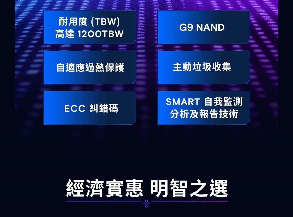 耐用度(TBW)高達 1200TBWG9 NAND自適應過熱保護主動垃圾收集SMART 自我監測ECC 糾錯碼分析及報告技術經濟 明智之選