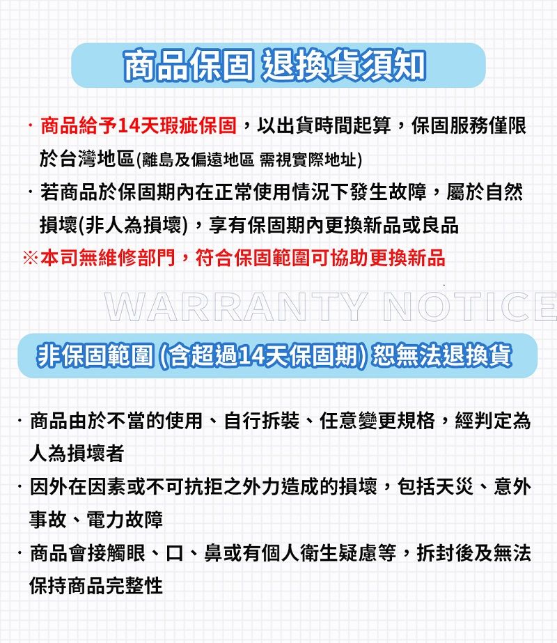 商品保固 退換貨須知商品給予14天瑕疵保固,以出貨時間起算,保固服務僅限於台灣地區(離島及偏遠地區需視實際地址)若商品於保固期內在正常使用情況下發生故障,屬於自然損壞(非人為損壞),享有保固期內更換新品或良品※本司無維修部門,符合保固範圍可協助更換新品WARRANTY NOTICE非保固範圍 (超過14天保固期)恕無法退換貨商品由於不當的使用、自行拆裝、任意變更規格,經判定為人為損壞者因外在因素或不可抗拒之外力造成的損壞,包括天災、意外事故、電力故障商品會接觸眼、口、鼻或有個人衛生疑慮等,拆封後及無法保持商品完整性
