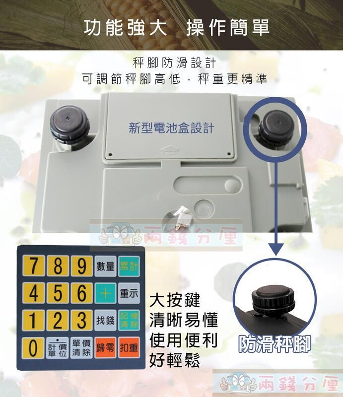 功能強大 操作簡單腳防滑設計可調節秤腳高低,秤重更精準新型電池盒設計789 數量計456大按鍵重示清晰易懂1 2 3 找錢單價計價 歸零 扣重單位 清除使用便利 防滑秤腳好輕鬆錢分厘