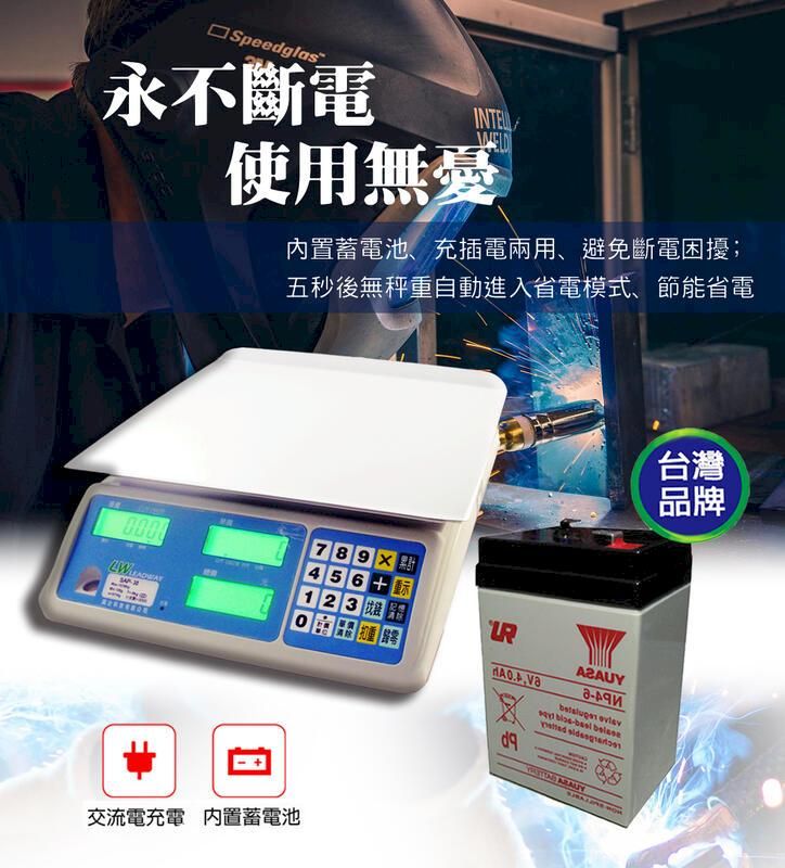 □ Speedglas永不斷電使用無憂内置蓄電池、充插電兩用、避免斷電困擾;五秒後無秤重自動進入省電模式、節能省電123交流電充電 内置蓄電池      台灣品牌