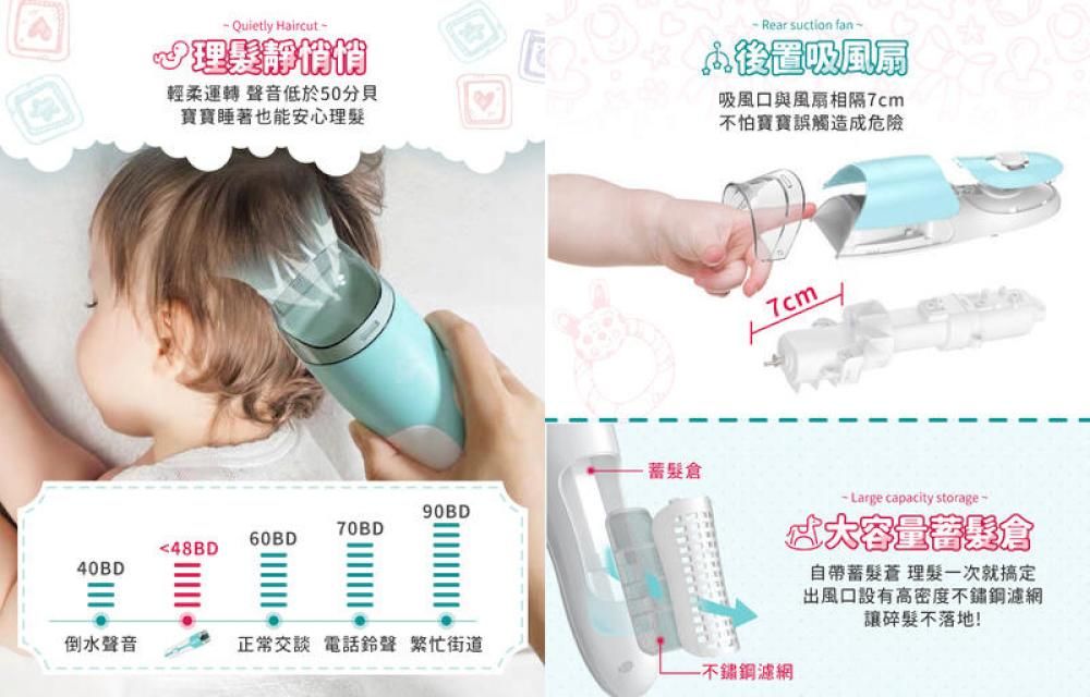 Quietly Haircut 理靜悄悄輕柔運轉 聲音低於50分貝寶寶睡著也能安心理 Rear suction fan~置吸風扇吸風口與風扇相隔7cm不怕寶寶誤觸造成危險髮90BD70BD60BD48BD40BD倒水聲音正常交談 電話鈴聲 繁忙街道濾網7cm Large capacity storage -倉自帶蓄髮 理髮一次就搞定出風口設有高密度濾網讓碎髮不落地!