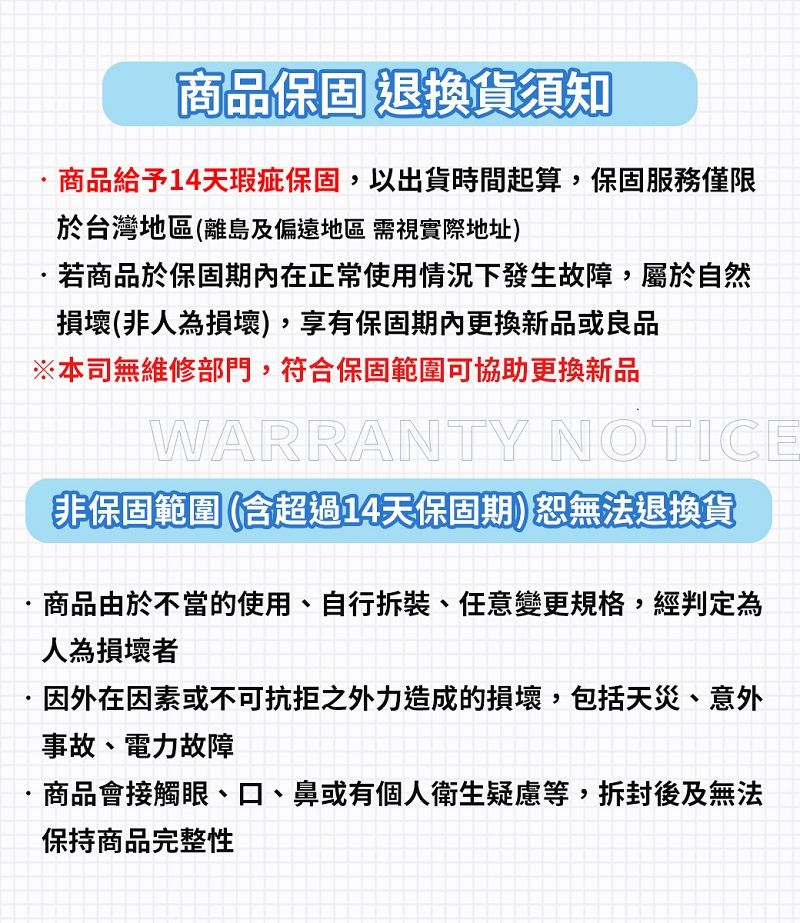 商品保固 退換貨須知商品給予14天瑕疵保固,以出貨時間起算,保固服務僅限於台灣地區(離島及偏遠地區需視實際地址)若商品於保固期內在正常使用情況下發生故障,屬於自然損壞(非人為損壞),享有保固期內更換新品或良品※本司無維修部門,符合保固範圍可協助更換新品WARRANTY NOTICE非保固範圍 (含超過14天保固期)恕無法退換貨商品由於不當的使用、自行拆裝、任意變更規格,經判定為人為損壞者因外在因素或不可抗拒之外力造成的損壞,包括天災、意外事故、電力故障商品會接觸眼、口、鼻或有個人衛生疑慮等,拆封後及無法保持商品完整性