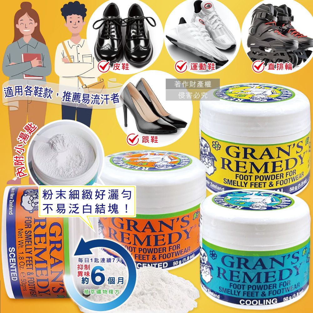 皮鞋運動鞋直排輪著作財產權適用各鞋款,推薦易流汗者侵害必究附小湯匙跟鞋 ZalandGRANSREMEDYSMELLY FEET & FOWEARFOOT POWDER FOR  New 粉末細緻好灑不易泛白結塊!FOR SMELLY FEET & FOOTWEARNet Wt 18 . e 50gmsSCENTEDREMEDYGRANSGRANS REMEDY每日1匙連續7天抑制異味6個個月植萃礦物複方OT POWDER FOR FEET &FOOTWEARCENTED 50g(GRANSREMEDYZealandFOOT POWDER FORSMELLY FEET & FOOTWEARCOOLING 50g(