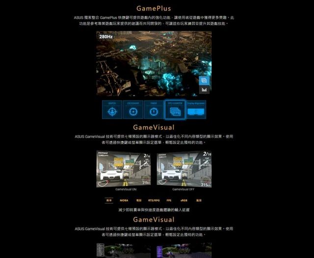 GamePlusASUS 獨家整合 GamePlus 快捷可提供的強化功能讓使用者從遊戲中獲得更多功能參考專業遊戲玩家提供的建議而共同開發的可讓這些玩家其遊戲280HzSUPERASUS GameVisual 技術可提供的顯示器模式以最佳化不同內容類型的顯示效果使用者可透過快捷或螢幕顯示選單獨特的功能2/16215215GameVisual GameVisual OFF/RPG 減少即時賽車與快速度遊戲體驗的輪延遲GameVisualASUS GameVisual 技術可提供的顯示器模式,以最佳化不同內容類型的顯示效果,使用者可透過快捷或螢幕顯示設定選單,設定此獨特的功能