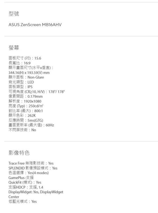 型號ASUS ZenScreen MB16AHV螢幕面板尺寸() 15.6長寬比169顯示畫面尺寸(水平x垂直):344.16(H)x193.59(V)mm顯示面板:Non-Glare背光類型:LED面板類型:IPS可視角度(CR, H/V):178°/178°像素間距:0.179mm解析度:1920x1080亮度(Typ):250cd/對比率(最大):800:1顯示色彩:262K反應時間:5ms(GTG)畫面更新率(最大值):60Hz不閃屏技術:No影像特色Trace Free 無殘影技術:YesSPLENDID 影像預設模式:Yes色溫選擇:Yes(4 modes)GamePlus:支援QuickFit(模式): Yes支援HDCP:支援,1.4DisplayWidget:Yes, DisplayWidgetCenter低藍光模式:Yes