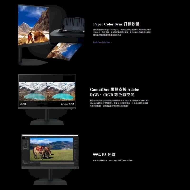 Adobe RGB   軟體技術Paper Color 在作品實際印刷出包括域因素都可以模擬工作者在出作品 Paper Color SyncGamutDuo  AdobeRGB、sRGB 等色彩空間雙色彩可讓工作者模式進行設計可圖片模式中的預覽 片模式的右側特定模式的影像99%  色域針對影片編輯工作,W272Q支援了99% P3色域。