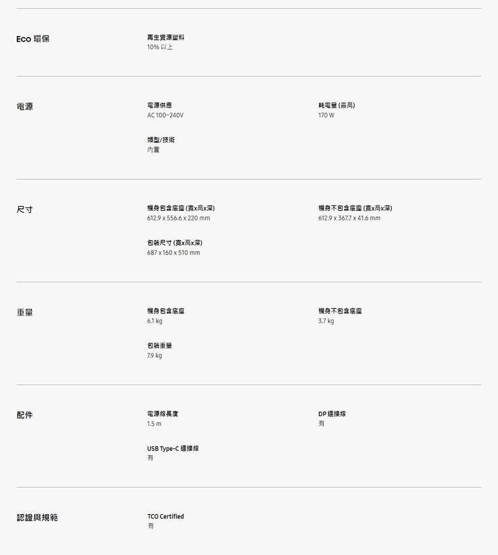 Eco 環保再生资源10%以上電源電源供應A100240V類型/技術內置耗電量 (最)170 W尺寸機身包含(x深)612.9x556.6x220 機身不包含(寬x高x深)612.9 x  x 41.6 mm包装尺寸(寬x高x深)687x160x510mm重量機身包含配件6.1 kg包装重量 kg電源線長度1.5mUSB Type-C 連接線TCO Certified認證與規範機身不包含底座3.7kgDP連接線