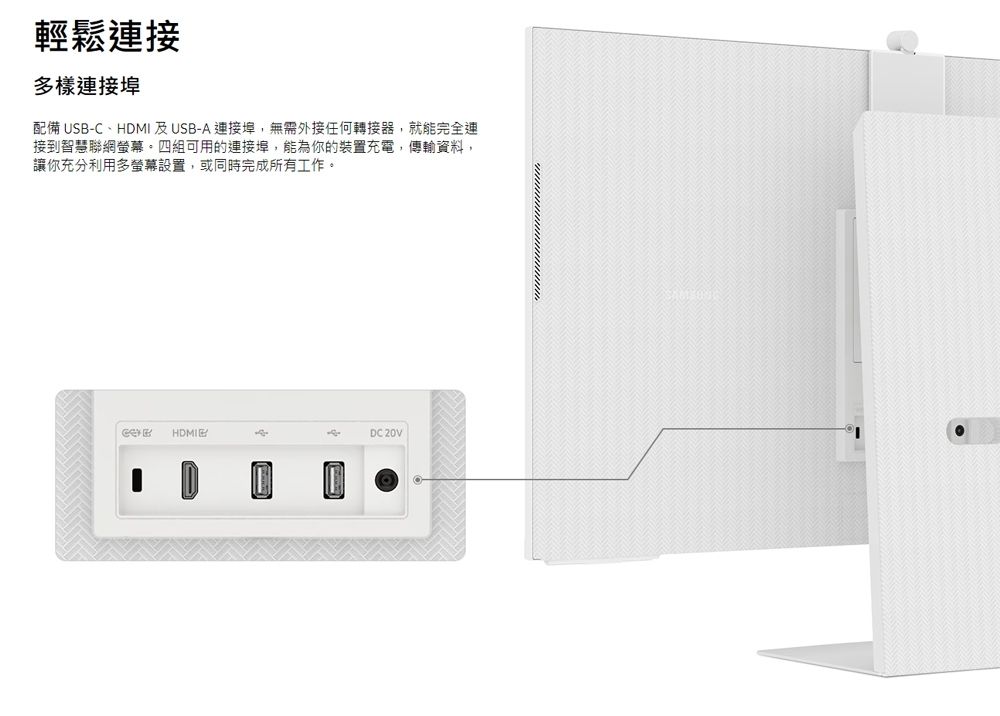 輕鬆連接多樣連接埠配備 USBC、HDMI 及USB-A 連接埠,無需外接任何轉接器,就能完全接到智慧聯網。四組可用的連接埠,能為你的裝置充電,傳輸資料,讓你充分利用多螢幕設置,或同時完成所有工作。-DC20V
