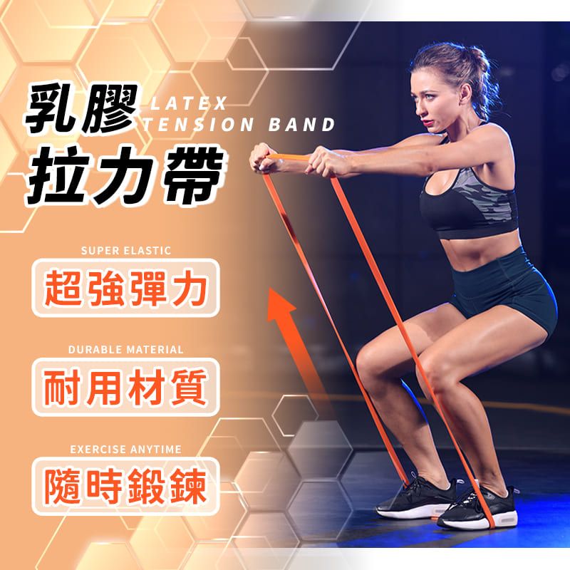 乳膠LATEXTENSION BAND拉力帶SUPER ELASTIC超強彈力DURABLE MATERIAL耐用材質EXERCISE ANYTIME隨時鍛鍊