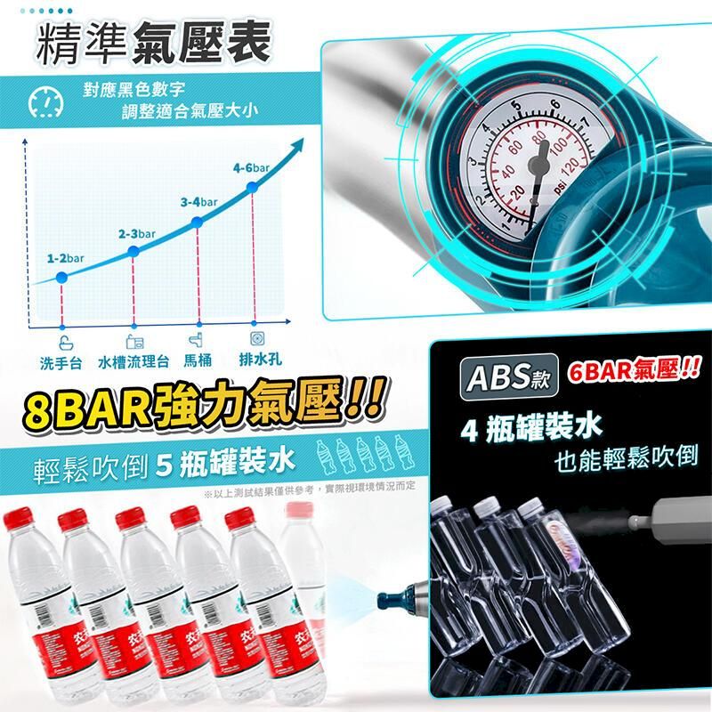 精準表對應黑色數字調整適合氣壓大小4-6bar3-4bar2-3bar1-2bar6040020100-psi 120.8洗手台水槽流理台 馬桶 排水孔氣壓輕鬆吹倒5瓶罐裝水 ABS款 氣壓4瓶罐裝水也能輕鬆吹倒測試結果僅供參考,實際視環境情況而定农