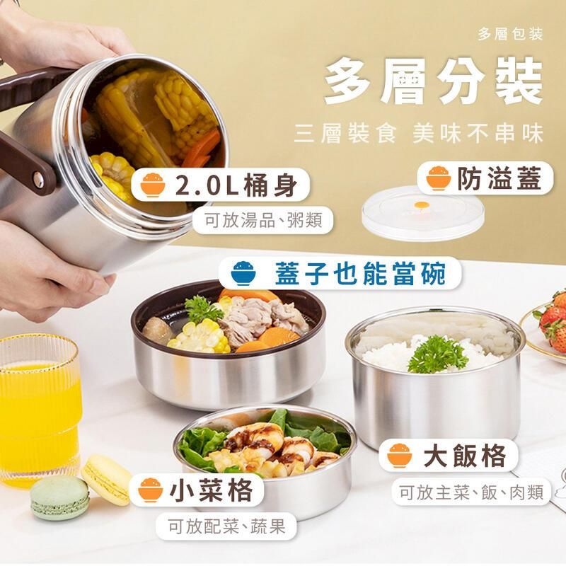 多層包装多層分裝三層裝食 美味不串味2.0L桶身可放湯品、粥類蓋子也能當碗小菜格可放配菜、蔬果 防溢蓋大飯格可放主菜、飯、肉類