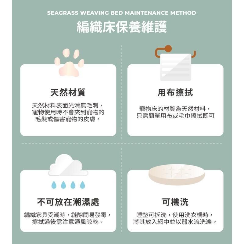 SEAGRASS WEAVING BED MAINTENANCE METHOD編織床保養維護天然材質天然材料表面光滑無毛刺,寵物使用時不會夾到寵物的毛髮或傷害寵物的皮膚。不可放在潮濕處編織家具受潮時,縫隙間易發霉,擦拭過後需注意通風晾乾。用布擦拭寵物床的材質為天然材料,只需簡單用布或毛巾擦拭即可可機洗睡墊可拆洗,使用洗衣機時,將其放入網中並以弱水流洗滌。