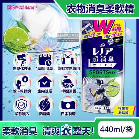 日本P&G Lenor蘭諾-超消臭1Week柔軟精補充包-檸檬香440ml深藍袋裝