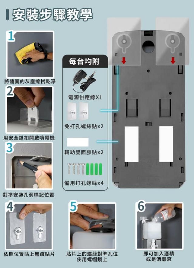 安裝步驟教學1將牆面的灰塵擦拭乾淨2用安全鎖扣開啟噴霧機3對準安裝孔洞標記位置4每台均附電源供應線X1免打孔螺絲貼輔助雙面膠貼備用打孔螺絲56依照位置貼上無痕貼片貼片上的螺絲對準孔位使用螺帽鎖上即可加入酒精或是消毒液