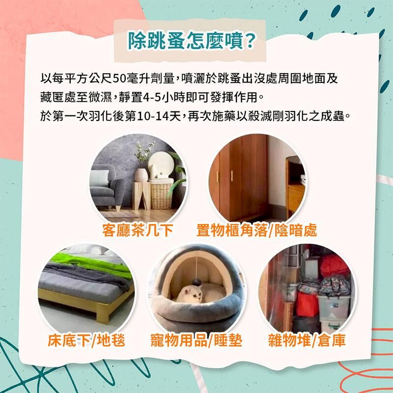除跳蚤怎麼噴?以每平方公尺50毫升劑量,噴灑於跳蚤出沒處周圍地面及藏匿處至微濕,靜置4-5小時即可發揮作用。於第一次羽化後第10-14天,再次施藥以殺滅剛羽化之成蟲。客廳茶几下 置物櫃角落陰暗處床底下地毯 寵物用品/睡墊 雜物堆/倉庫