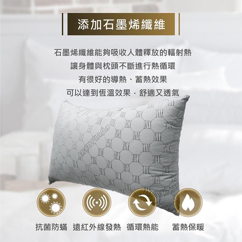 添加石墨烯纖維石墨烯纖維能夠吸收人體釋放的輻射熱讓身體與枕頭不斷進行熱循環有很好的導熱、蓄熱效果可以達到恆溫效果,舒適又透氣抗菌防蟎 遠紅外線發熱 循環熱能蓄熱保暖