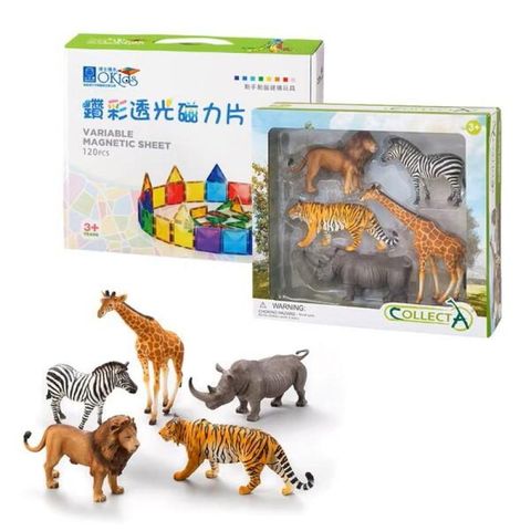 Okids鑽彩透光磁力片+collectA野生動物模型組