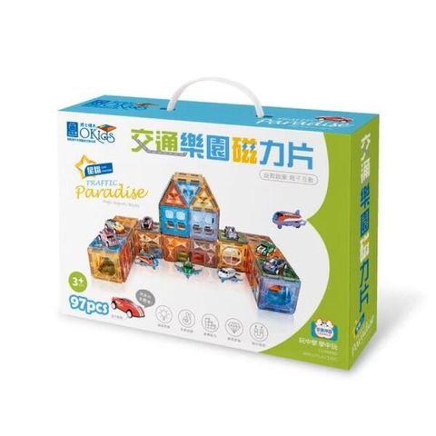 小牛津【Okids博士積木】交通樂園磁力片-97pcs(最佳STEAM玩具/附13台迴力小汽車+小飛機)