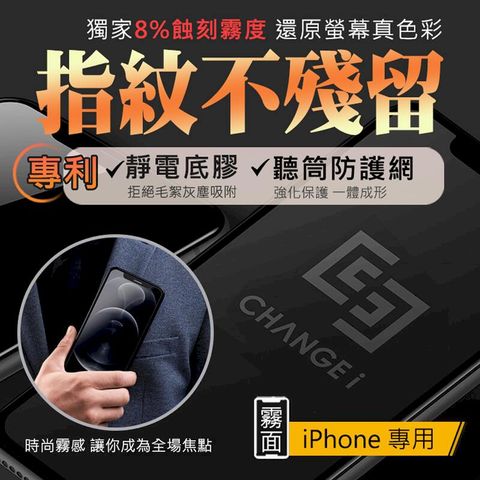 CHANGEi 橙艾 澄艾 iPhone14/13/12全系列隱形指紋霧面防塵網玻璃貼