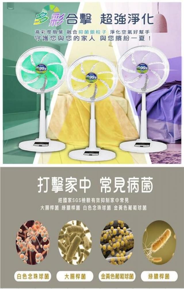 多彩合擊 超強淨化高彩度扇葉 融合抑菌銀粒子 淨化空氣好幫手守護您與您的家人與您繽紛一夏!999999打擊家中 常見病菌經國家 SGS檢驗有效抑制家中常見大腸桿菌 綠膿桿菌 白色念珠球菌 金黃色葡萄球菌白色念珠球菌大腸桿菌 金黃色葡萄球菌綠膿桿菌
