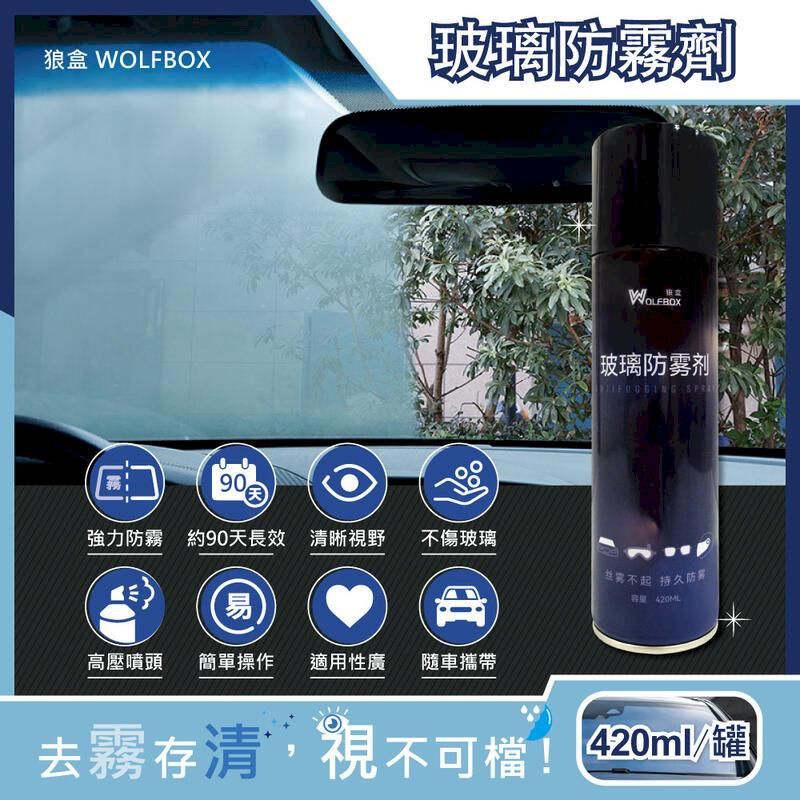  狼盒WOLFBOX-奈米科技清晰透亮汽車玻璃鏡片防霧劑420ml/藍罐