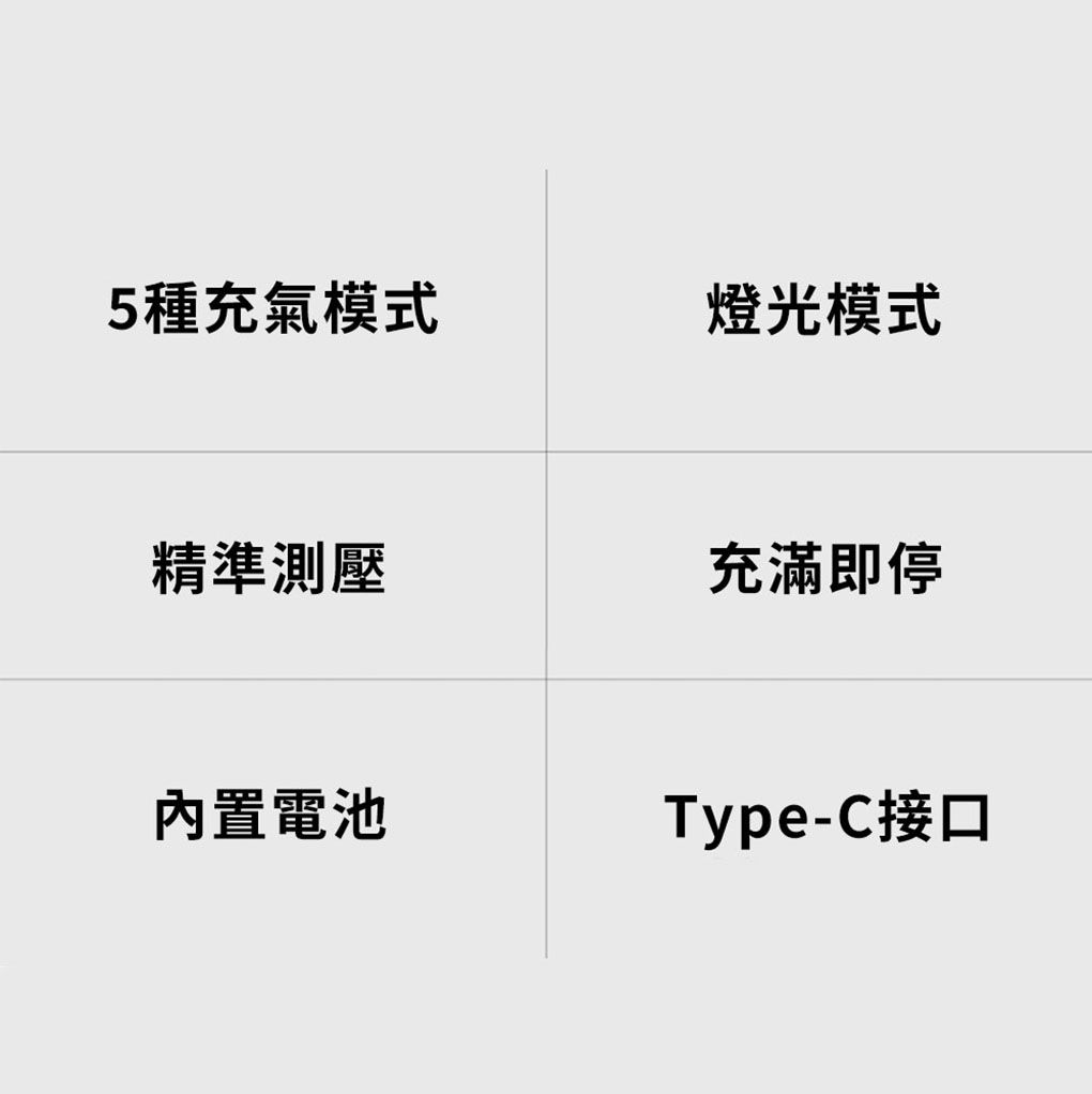 5種充氣模式燈光模式精準測壓充滿即停內置電池Type-C接口