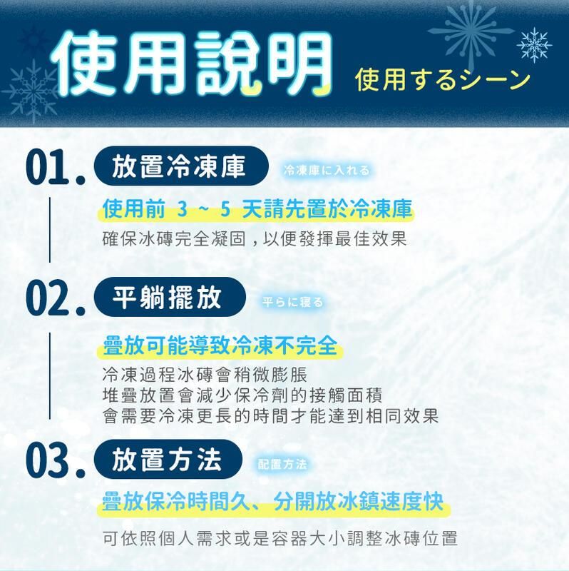使用說明使用寸一 放置冷凍庫冷凍庫に入れる使用前 3 ~ 5 天請先置於冷凍庫確保冰磚完全凝固以便發揮最佳效果02 平躺擺放平らに寝る疊放可能導致冷凍不完全冷凍過程冰磚會稍微膨脹堆疊放置會減少保冷劑的接觸面積會需要冷凍更長的時間才能達到相同效果 放置方法配置方法疊放保冷時間久,分開放冰鎮速度快可依照個人需求或是容器大小調整冰磚位置