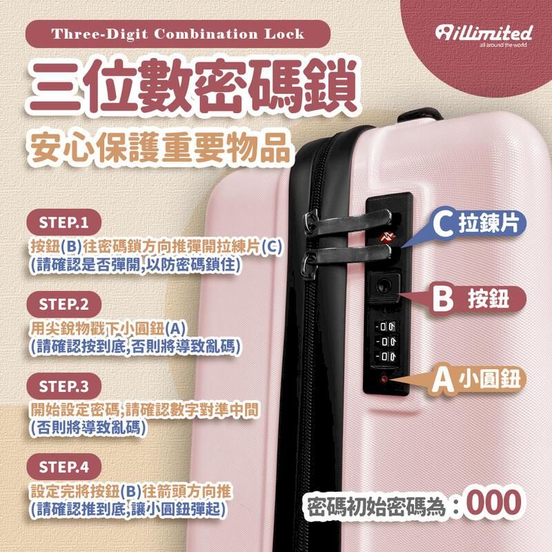 Three-Digit ombination Lock三位數密碼鎖安心保護重要物品STEP.1按(B往密碼鎖方向推彈開拉練片()(請確認是否彈開以防密碼鎖住)STEP.2用尖銳物下小圓(A)all around the C拉鍊片B 按鈕-00-00(請確認按到底,否則將導致亂碼)STEP.3開始設定密碼,請確認準中間(否則將導致亂碼)STEP.4設定完將按鈕(B)往箭頭方向推(請確認推到底,讓小圓鈕彈起)-00A小圓鈕密碼初始密碼為:000