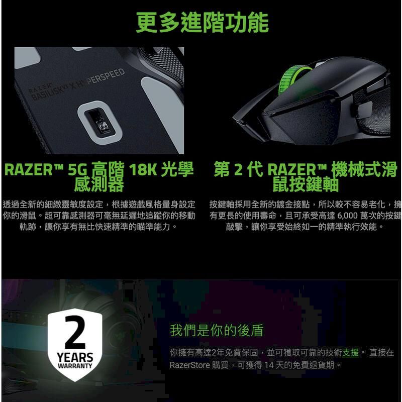 RAZERBASILISK X H PERSPEED更多進階功能RAZER™ 5G 高階18K光學 第2代RAZER™ 機械式滑感測器透過全新的細緻靈敏度設定,根據遊戲風格量身設定你的滑鼠。超可靠感測器可毫無延遲地追蹤你的移動軌跡,讓你享有無比快速精準的瞄準能力。鼠按鍵軸按鍵軸採用全新的鍍金接點,所以較不容易老化,擁有更長的使用壽命,且可承受高達6,000萬次的按鍵敲擊,讓你享受始終如一的精準執行效能。2我們是你的後盾YEARSWARRANTY你擁有高達2年免費保固,並可獲取可靠的技術支援。 直接在RazerStore 購買,可獲得14天的免費退貨期。
