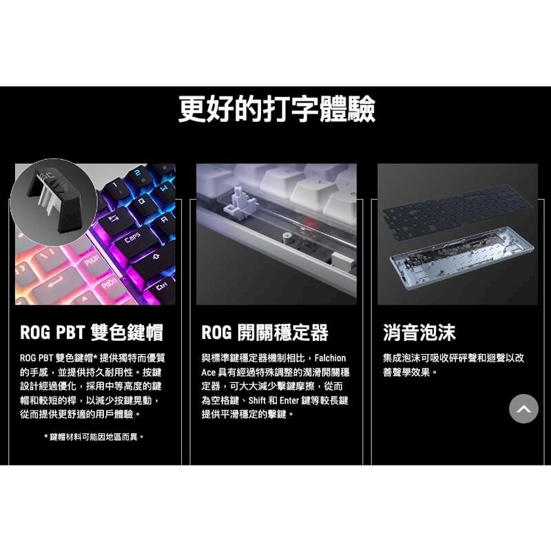 更好的打字體驗CapsCtriROG PBT 雙色帽ROG PBT 雙色鍵帽*提供獨特而優質的手感,並提供持久耐用性。按鍵設計經過優化,採用中等高度的鍵帽和較短的桿,以減少按鍵晃動,從而提供更舒適的用戶體驗。* 鍵帽材料可能因地區而異。ROG 開關定器與標準鍵穩定器機制相比,FalchionAce 具有經過特殊調整的潤滑開關穩定器,可大大減少擊鍵摩擦,從而為空格鍵、Shift 和 Enter 鍵等較長鍵提供平滑穩定的擊鍵。消音泡沫集成泡沫可吸收砰砰聲和迴聲以改善聲學效果。