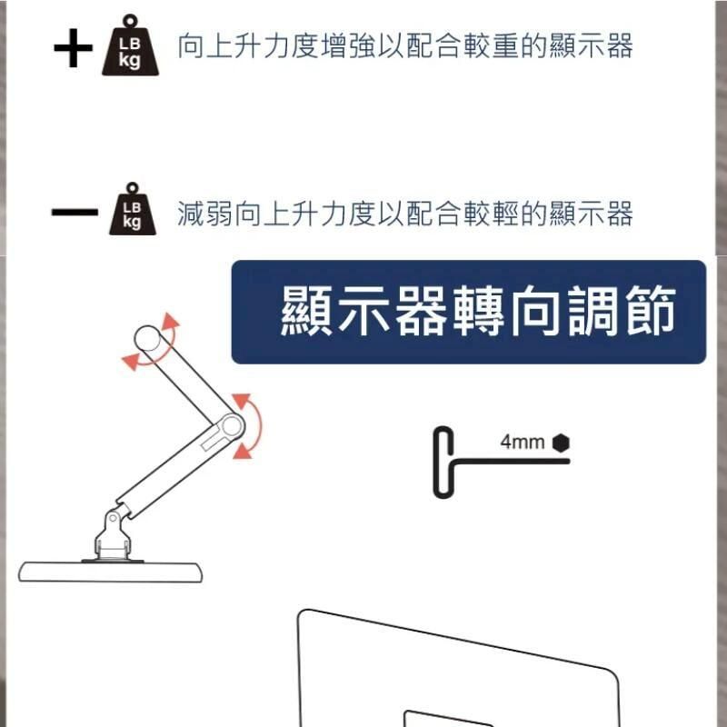 +LB向上升力度增強以配合較重的顯示器kgLB減弱向上升力度以配合較輕的顯示器kg顯示器轉向調節4mm