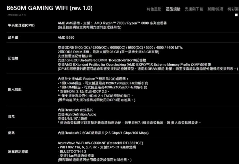 特色重點 產品規格 支援與下載 新聞獎項 精彩圖B650M GAMING WIFI rev. 1.0 AMD  AMD AM5支援 AMD Ryzen™ 7000/Ryzen™ 8000 系列處理器中央處理器(CPU)(至網站查詢有關支援的處理器列表)晶片記體顯示功能網路無線通訊模組AMD B650支援DDR5 6400(OC)/6200(OC) /(OC)/5600(OC)/5200/4800/4400 MT/2個DDR5 DIMM最高支援到96 GB (單一插槽支援48 GB容量)支援雙通道記憶體技術支援nonECC Unbuffered DIMM 1Rx8/2Rx8/1Rx16記憶體支援AMD EXtended Profiles for Overclocking (AMD EXPO™)及Extreme Memory Profile (XMP)記憶體(CPU和記憶體的配置可能會影響支援的記憶體速度和DRAM模組 數量,請至技嘉網站查詢記憶體模組支援列表)內建於支援AMD Radeon™顯示晶片的處理器: 1個D-Sub,可支援至最高1920x1200@60 Hz的解析度- 1個HDMI插座,可支援至最高4096x2160@60 Hz的解析度支援HDMI 2.1版本及HDCP 僅支援兼容於原生HDMI 2.1 TMDS規範的接口(顯示功能所支援的規格因使用的CPU而有差異)內建Realtek® 音效晶片支援High Definition Audio支援2/4/5.1/7.1聲道透過音效軟體可以重新定音源插座功能,若要啟動7.1聲道音效,請進入音效軟體設定內建Realtek® 2.5GbE網路晶片(2.5 Gbps/1 Gbps/100 Mbps)AzureWave Wi-Fi AW-CB304NF (Realtek® RTL8821CE)- WIFI 802.11a, b, g, n, ac,支援2.4/5 GHz無線- BLUETOOTH 4.2- 支援11ac無線通信標準(實際速度將因使用環境及設備而有所差異)