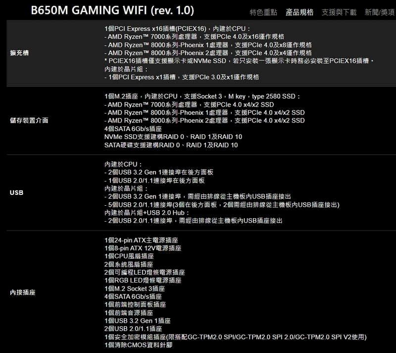 擴充B65 GAMING WIFI (rev. 1.0)儲存裝置介面USB接插座1個PCI Express x16插槽(PCIEX16)建於CPU:特色重點 產品規格 支援與下載 新聞/獎項 AMD Ryzen  7000系列,支援PCle 4.0及x16運作規格 AMD Ryzen ™ 8000系列Phoenix 1,支援PCle 4.0及x8運作規格- AMD Ryzen™ 8000系列-Phoenix 2,支援PCle 4.0及x4運作規格* PCIEX16插槽僅支援顯示卡或NVMe SSD,若只安裝一張顯示卡時務必安装至PCIEX16插槽內建於晶片組:- 1個PCI Express x1插槽,支援 及x1運作規格1個M.2插座,內建於CPU,支援Socket 3, M key, type 2580 SSD :- AMD Ryzent™ 7000系列處理器,支援PCle 4.0 x4/x2 SSD- AMD Ryzen t™ 8000系列-Phoenix 1處理器,支援PCle 4.0 x4/x2 SSD- AMD Ryzent™ 8000系列-Phoenix 2處理器,支援PCle 4.0 x4/x2 SSD4個SATA 6Gb/s插座NVMe SSD支援建構RAID 0、RAID 1及RAID 10SATA硬碟支援建構RAID 0、RAID 1及RAID 10內建於CPU:- 2個USB3.2 Gen 1連接埠在後方面板- 1個USB 2.0/1.1連接埠在後方面板內建於晶片組:- 2個USB3.2 Gen 1連接埠,經由排線從主機板內USB插座接出- 5個USB 2.0/1.1連接埠(3個在後方面板,2個需經由排線從主機板內USB插座接出)內建於晶片組+USB 2.0 Hub:-2個USB2.0/1.1連接埠,需經由排線從主機板內USB插座接出1個24-pin ATX主電源插座1個8-pin ATX 12V電源插座1個CPU風扇插座2個系統風扇插座2個可編程LED條電源插座1個RGB LED燈條電源插座1個M.2 Socket 3插座4個SATA 6Gb/s插座1個前端控制面板插座1個前端音源插座1個USB 3.2 Gen 1插座2個USB 2.0/1.1插座1個安全加密模組插座(限搭配GC-TPM2.0 SPI/GC-TPM2.0 SPI 2.0/GC-TPM2.0 SPI V2使用)1個清除CMOS資料針腳