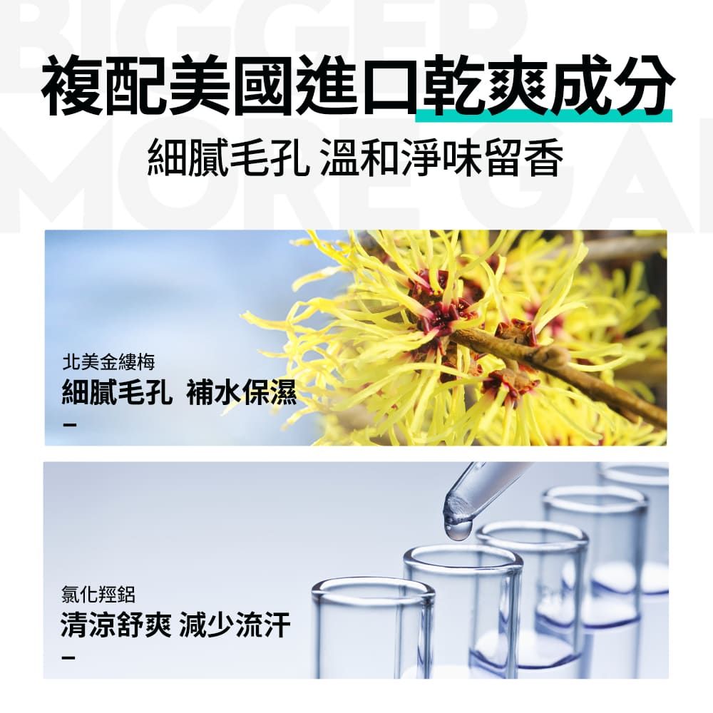 複配美國進口乾爽成分細膩毛孔 溫和淨味留香北美細膩毛孔 補水保濕氯化羥清涼舒爽 減少流汗
