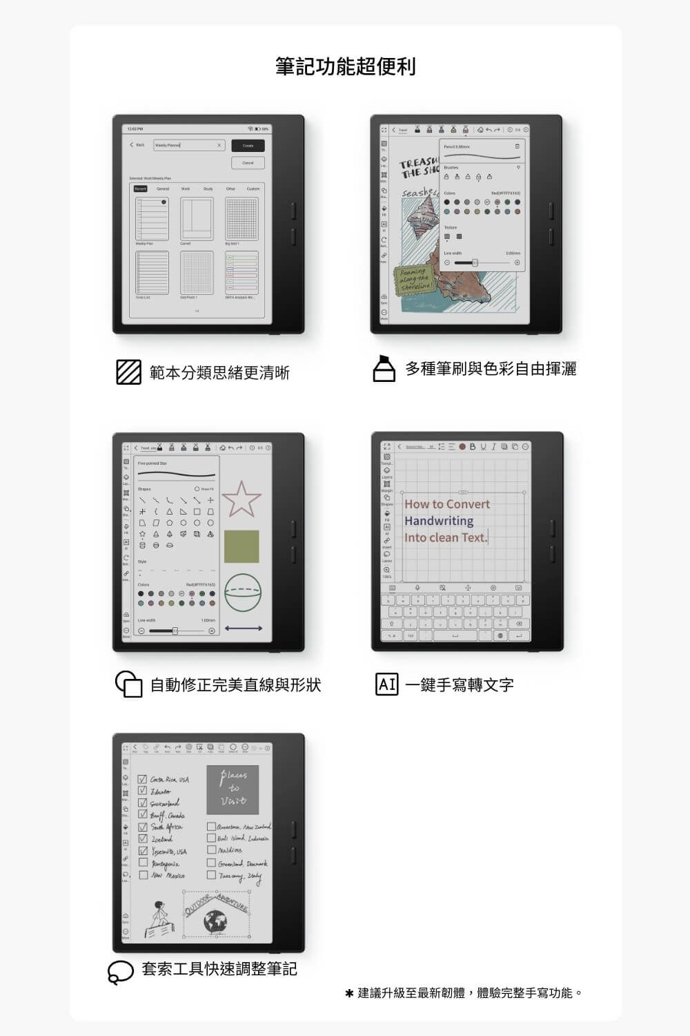 筆記功能超便利 範本分類思緒更清晰 TREASUTHE  the多種筆刷與色彩自由揮灑How to ConvertHandwritingInto clean Text自動修正完美直線與形狀         placesto     套索工具快速調整筆記  一鍵手寫轉文字*建議升級至最新韌體,體驗完整手寫功能。