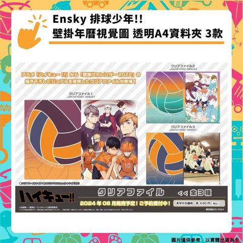 Ensky 排球少年!! 壁掛年曆視覺圖 透明A4資料夾 文件夾 3款分售