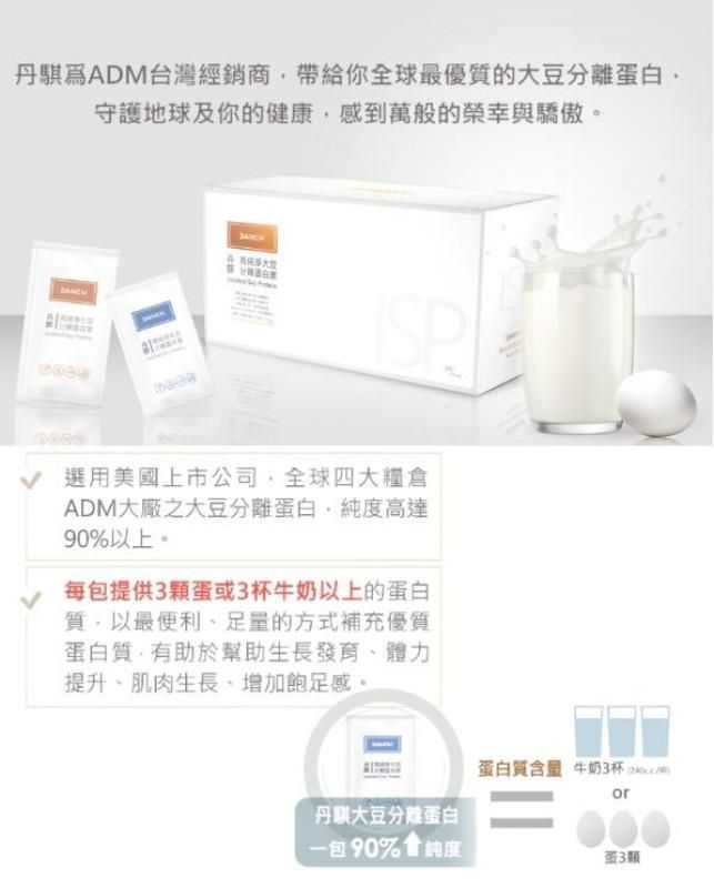 丹ADM台灣經銷商帶給你全球最優質的大豆分離蛋白守護地球及你的健康感到萬般的榮幸與驕傲。 選用美國上市公司全球四大糧倉ADM大廠之大豆分離蛋白純度高達90%以上。每包提供3顆蛋或3杯牛奶以上的蛋白質,以最便利足量的方式補充優質蛋白質,有助於幫助生長發育體力提升、肌肉生長、增加飽足感。蛋白質含量 牛奶3杯or丹騏大豆分離蛋白一包90%會純度蛋3顆