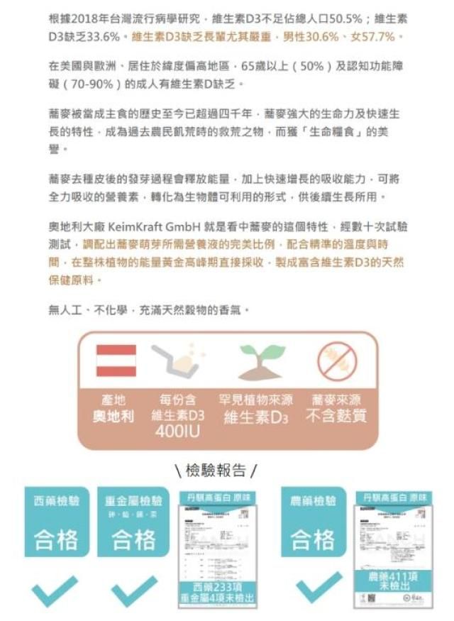 根據2018年台灣流行病學研究維生素不足佔總人口50.5%;維生素D3缺乏33.6%維生素D3缺乏尤其嚴重男性30.6%女57.7%在美國與歐洲、居住於緯度偏高地區65以上50%)及認知功能障礙(70-90%)的成人有維生素D缺乏被當成主食的歷史至今已超過四千年的生命力及快速生長的特性成為過去農民飢荒時的救荒之物而獲「生命糧食」的美譽去種皮後的發芽過程會釋放能量加上快速增長的吸收能力可全力吸收的轉化為生物體可利用的形式供後續生長所用。奥地利 KeimKraft GmbH 就是看中的這個特性經數十次試驗測試調配出萌芽所需營養液的完美比例配合精準的溫度與時間在整株植物的能量黃金高峰直接採收,製成富含維生素D3的天然保健原料。無人工,不化學,充滿天然穀物的香氣。產地每份含 罕見植物來源來源奧地利維生素D3維生素D3不含質\檢驗報告/西藥檢驗檢驗(。農藥檢驗丹期 原味合格合格合格農藥11西藥233項重金屬4項未檢出未檢出