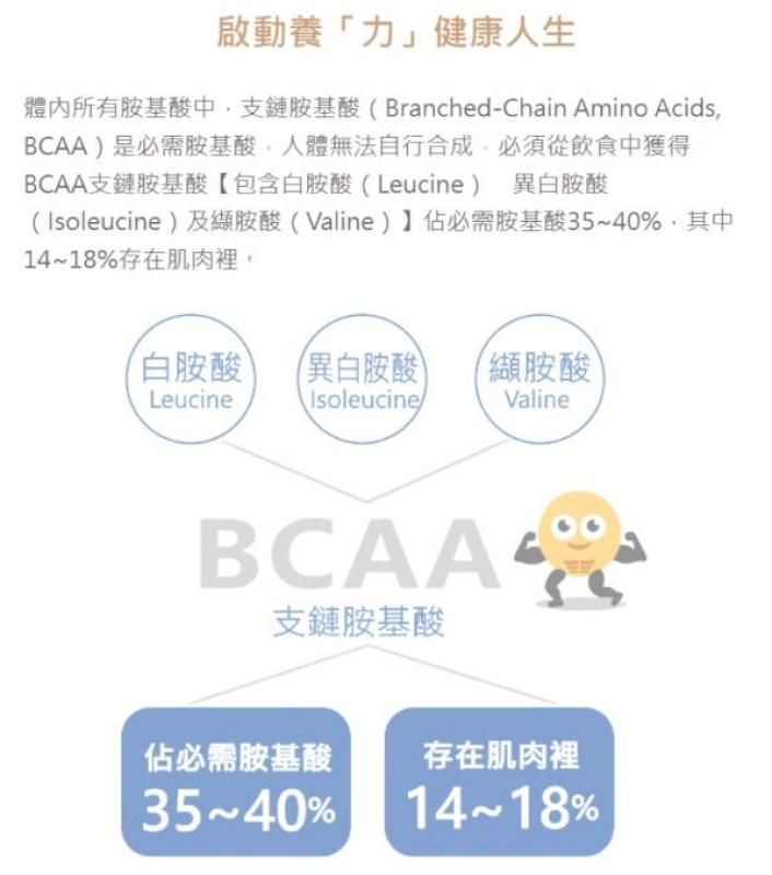 啟動養「力」健康人生體內所有胺基酸中支鏈胺基酸Branched-Chain Amino AcidsBCAA是必需胺基酸人體無法自行合成必須從飲食中獲得BCAA支鏈胺基酸包含白Leucine 異白胺酸(Isoleucine)及胺酸(Valine)佔必需胺基酸3540%,其中1418%存在肌肉裡,白胺酸(異白胺酸)(胺酸)LeucineIsoleucineValine支鏈胺基酸佔必需胺基酸存在肌肉裡35~40% 14~18%