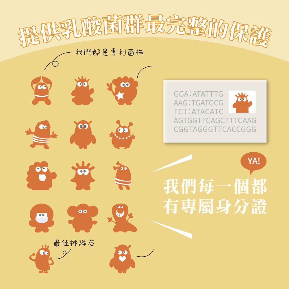 提供乳酸菌最完整的保護我們都是專利菌株最佳神隊友GGA:ATATTTGAAG:TGATGCGTCT:ATACATCAGTGGTTCAGCTTTCAAGCGGTAGGGTTCACCGGGYA!我們每一個都有專屬身分證