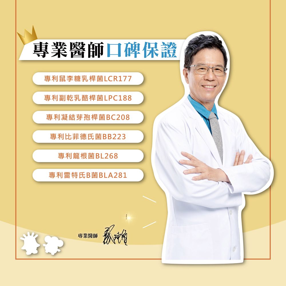 專業醫師口碑保證專利鼠李糖乳桿菌LCR177專利副乾乳酪桿菌LPC188專利凝結芽孢桿菌BC208專利比菲德氏菌BB223專利龍根菌BL268專利雷特氏B菌BLA281專業醫師