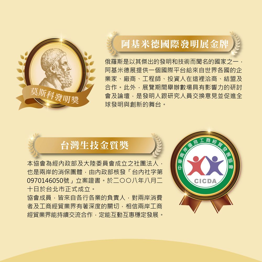 莫斯科發明獎阿基米德國際發明展金牌俄羅斯是以其傑出的發明和技術而聞名的國家之一阿基米德展提供一個國際平台給來自世界各國的企業家、廠商、工程師、投資人在這裡洽商、結盟及合作。此外展覽期間舉辦數場具有影響力的研討及論壇,是發明人跟研究人員交換意見並促進全球發明與創新的舞台。台灣生技金質獎本協會為經政部及大陸委員會成立之社團法人,也是兩岸的消保團體,由內政部核發「台內社字第0970146050號」立案證書。於二○○八年八月二十日於台北市正式成立。協會成員,皆來自各行各業的負責人,對兩岸消費者及工商經貿業界有著深度的關切,相信兩岸工商經貿業界能持續交流合作,定能互動互惠穩定發展。岸優CICDA發展協會