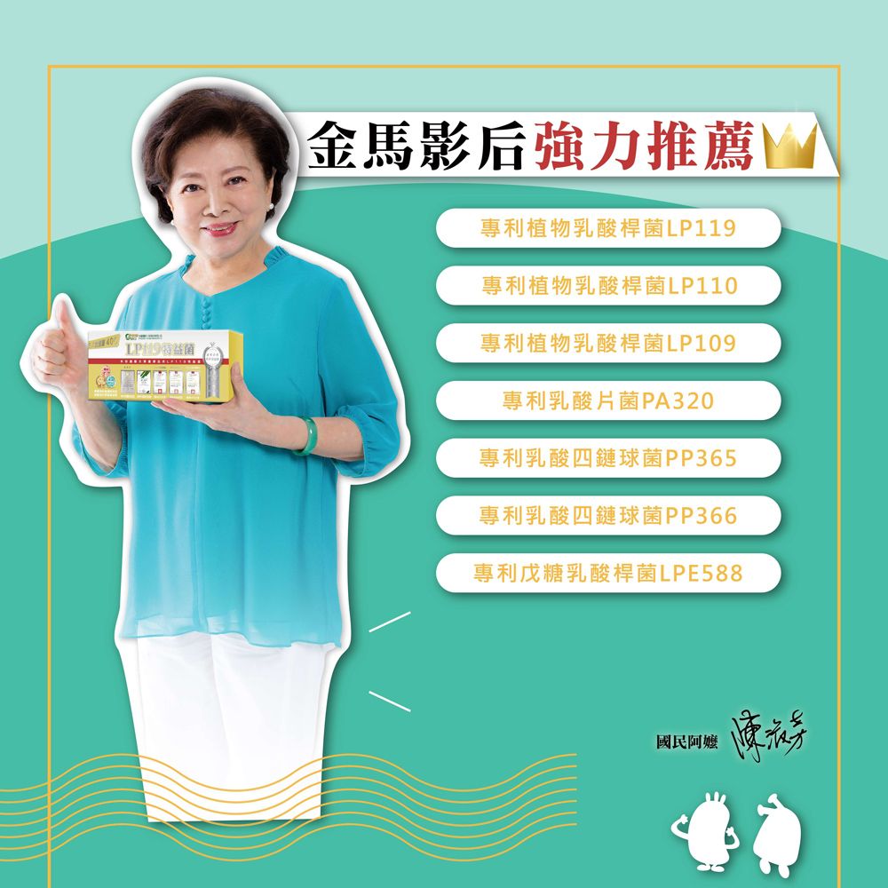 金馬影后強力推薦專利植物乳酸桿菌LP119專利植物乳酸桿菌LP110專利植物乳酸桿菌LP109專利乳酸片菌PA320專利乳酸四鏈球菌PP365專利乳酸四鏈球菌PP366專利戊糖乳酸桿菌LPE588國民阿嬤