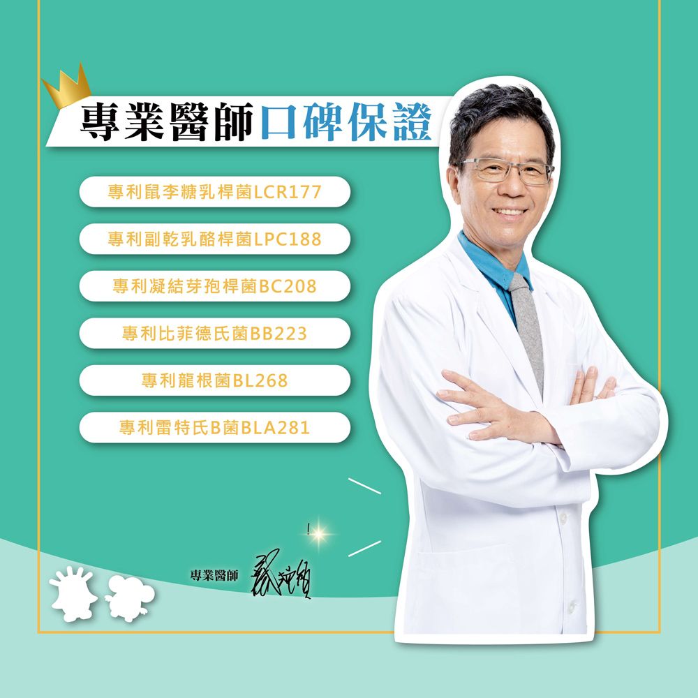 專業醫師口碑保證專利鼠李糖乳桿菌LCR177專利副乾乳酪桿菌LPC188專利凝結芽孢桿菌BC208專利比菲德氏菌BB223專利龍根菌BL268專利雷特氏B菌BLA281專業醫師