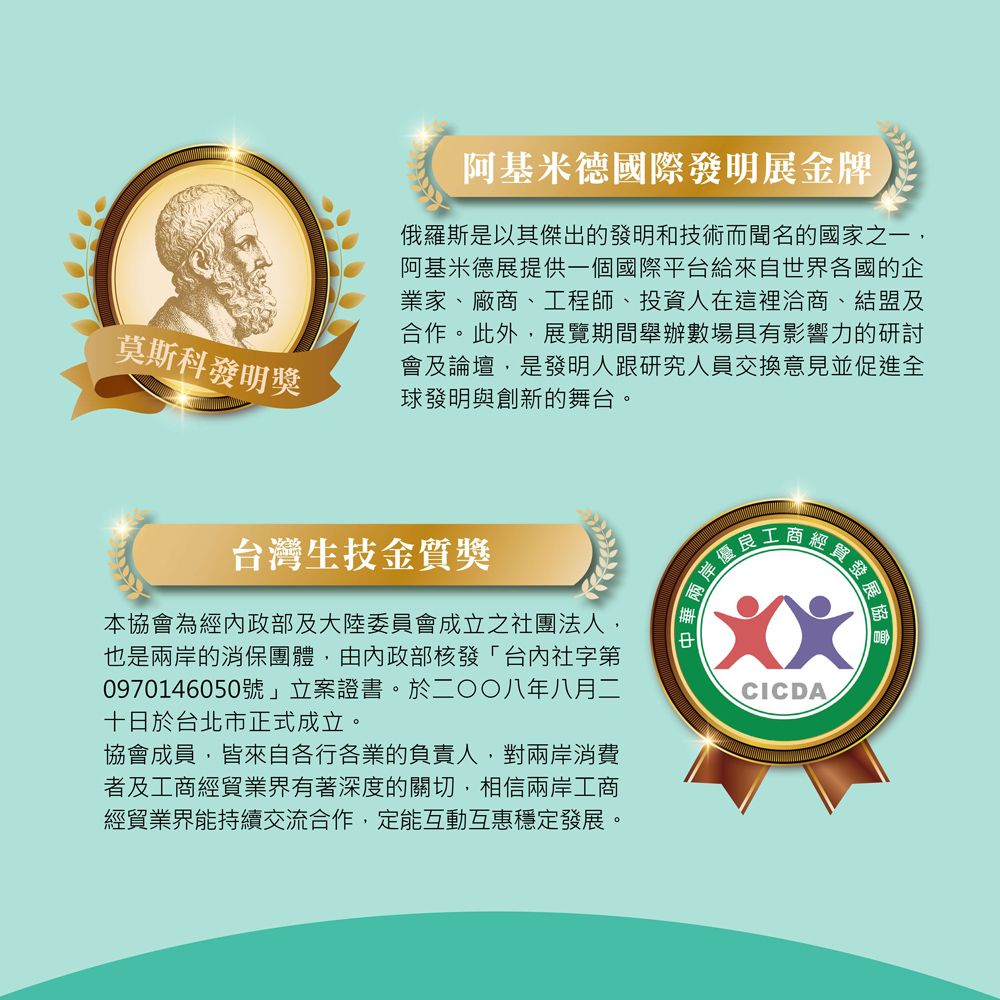 莫斯科發明獎阿基米德國際發明展金牌俄羅斯是以其傑出的發明和技術而聞名的國家之一阿基米德展提供一個國際平台給來自世界各國的企業家、廠商、工程師、投資人在這裡洽商、結盟及合作。此外,展覽期間舉辦數場具有影響力的研討及論壇,是發明人跟研究人員交換意見並促進全球發明與創新的舞台。台灣生技金質獎本協會為經內政部及大陸委員會成立之社團法人,也是兩岸的消保團體,由內政部核發「台內社字第0970146050號」立案證書。於二○○八年八月二十日於台北市正式成立。協會成員,皆來自各行各業的負責人,對兩岸消費者及工商經貿業界有著深度的關切,相信兩岸工商經貿業界能持續交流合作,定能互動互惠穩定發展。岸優良工商經CICDA發展協會